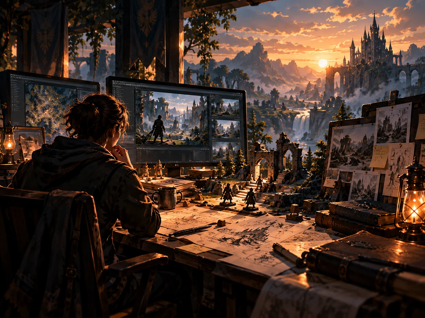 Game creator reviewing a fantasy scene at a warm-lit studio workstation.